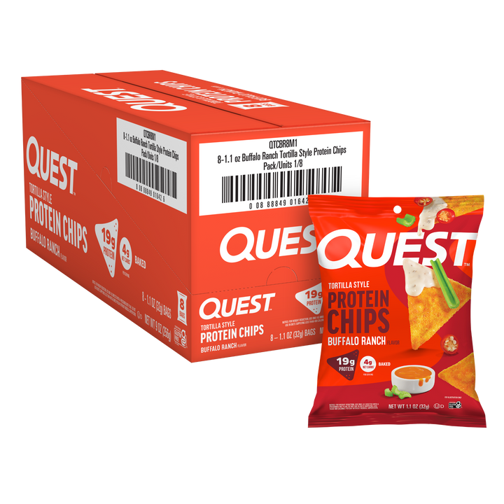 Two packages of Quest Protein Chips in Buffalo Ranch flavor