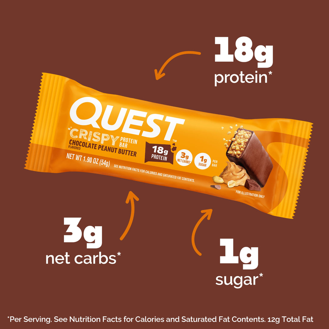 Quest Crispy Protein Bar packaging with nutritional information on a brown background