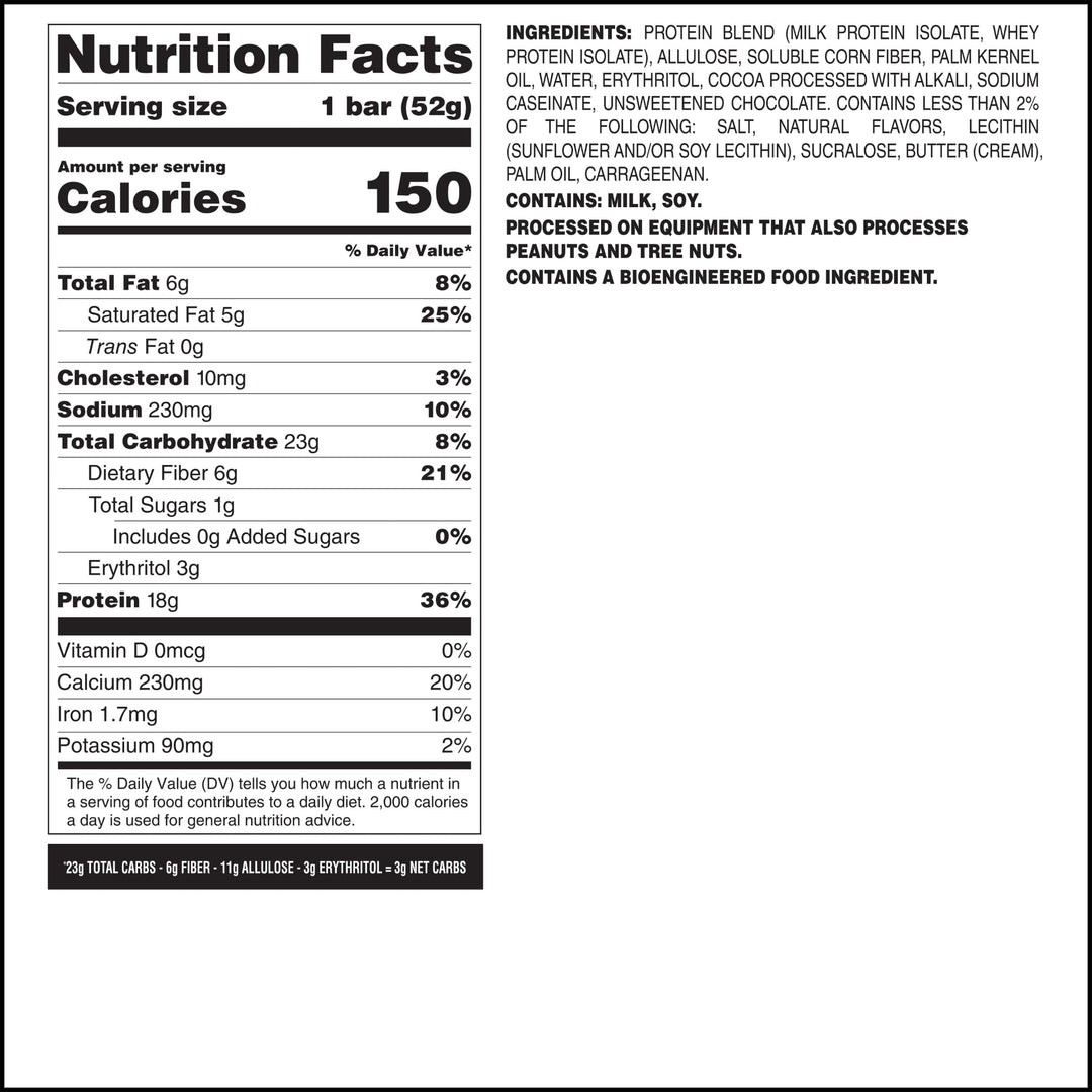 Nutrition facts label for a protein bar on a white background