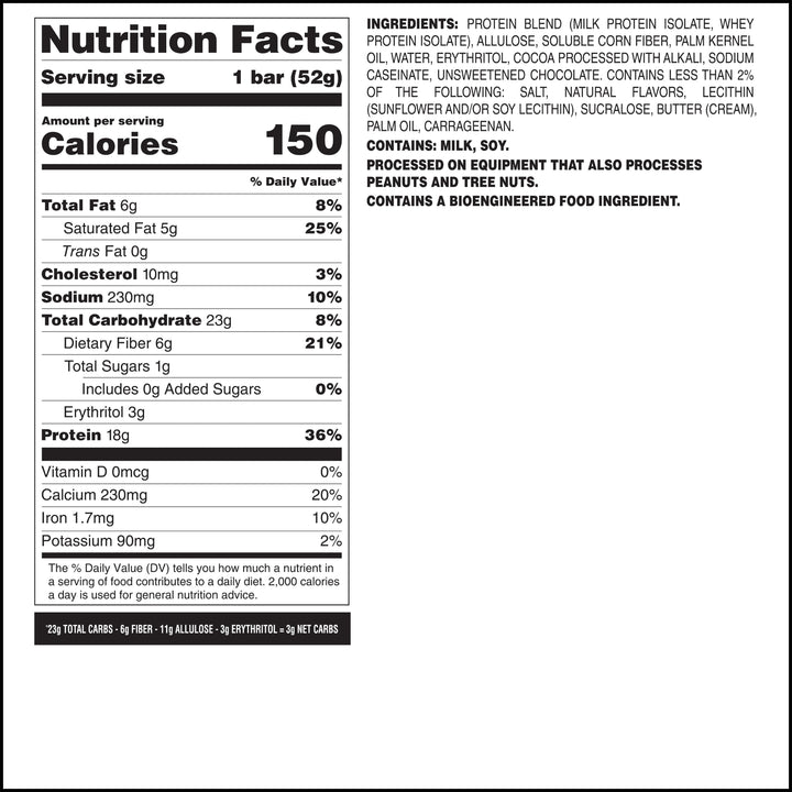 Nutrition facts label for a protein bar on a white background