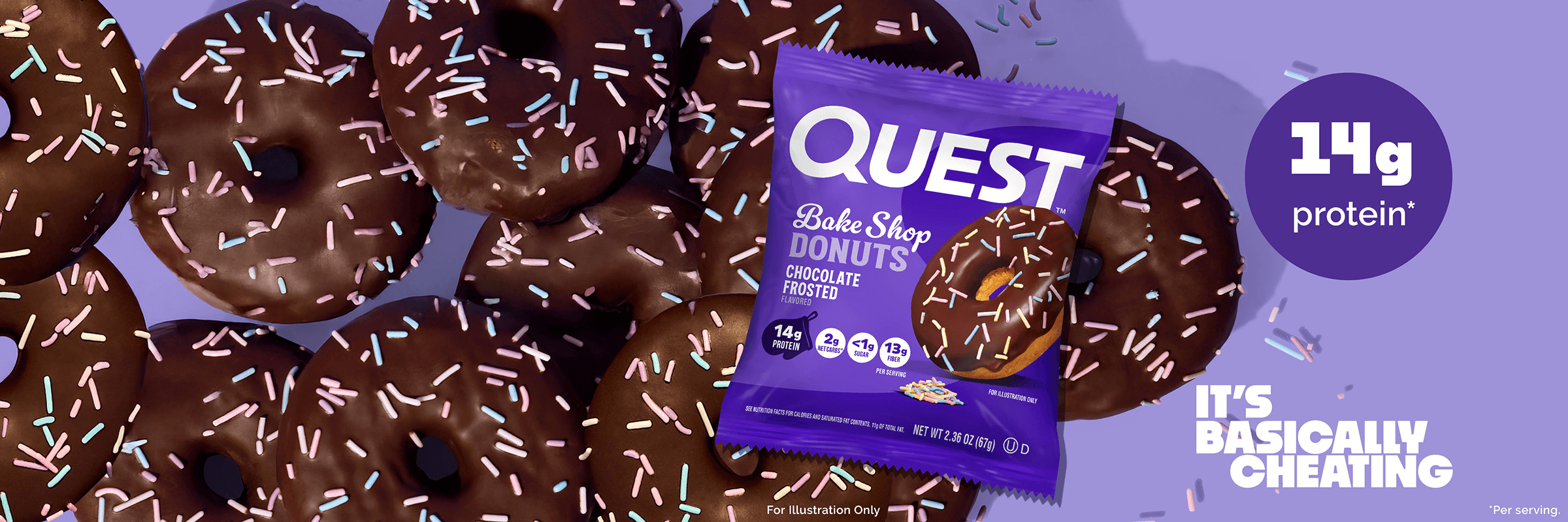 A pack of Quest chocolate frosted donuts with sprinkles is displayed on a purple background. Several donuts are scattered around, highlighting the 14g protein content text. The tone is indulgent yet health-conscious, emphasized by the tagline 'It's basically cheating.