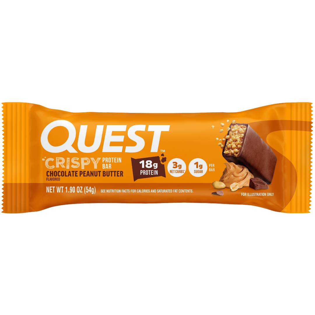 Quest Crispy Protein Bar packaging with orange and brown design on a white background