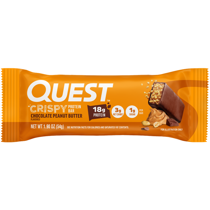 Quest Crispy Protein Bar packaging with orange and brown design on a white background