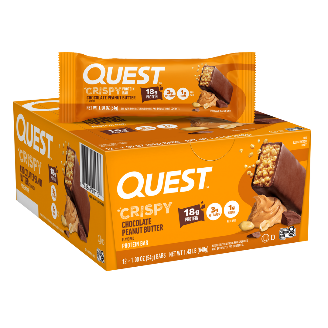 Box of Quest Crispy Chocolate Peanut Butter protein bars on a white background