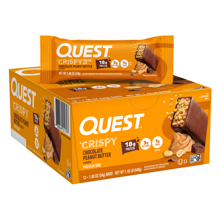 Box of Quest Crispy Chocolate Peanut Butter protein bars on a white background