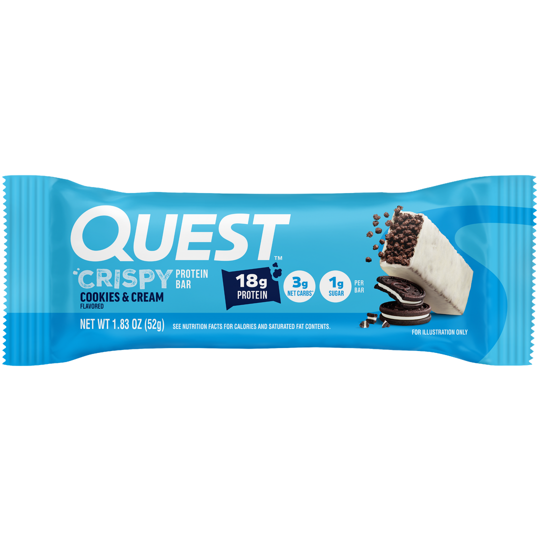 Quest Crispy Cookies & Cream protein bar packaging on a white background
