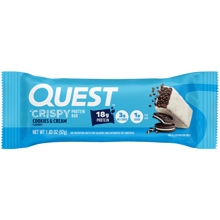 Quest Crispy Cookies & Cream protein bar packaging on a white background