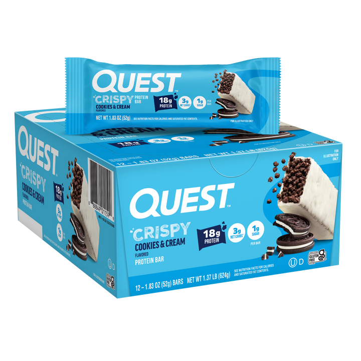 Box of Quest Crispy Cookies & Cream protein bars on a white background