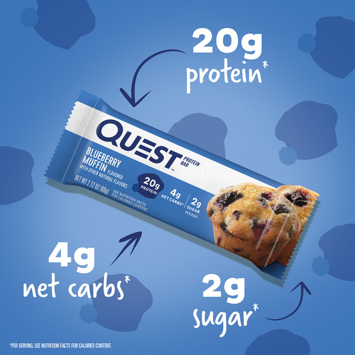 Blueberry Muffin Protein Bars; 20g protein*, 4g net carbs*, 2g sugar*