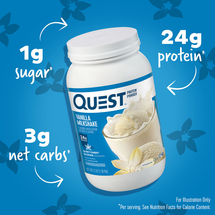 Vanilla Milkshake Protein Powder; 1g sugar*, 3g net carbs*, 24g protein*