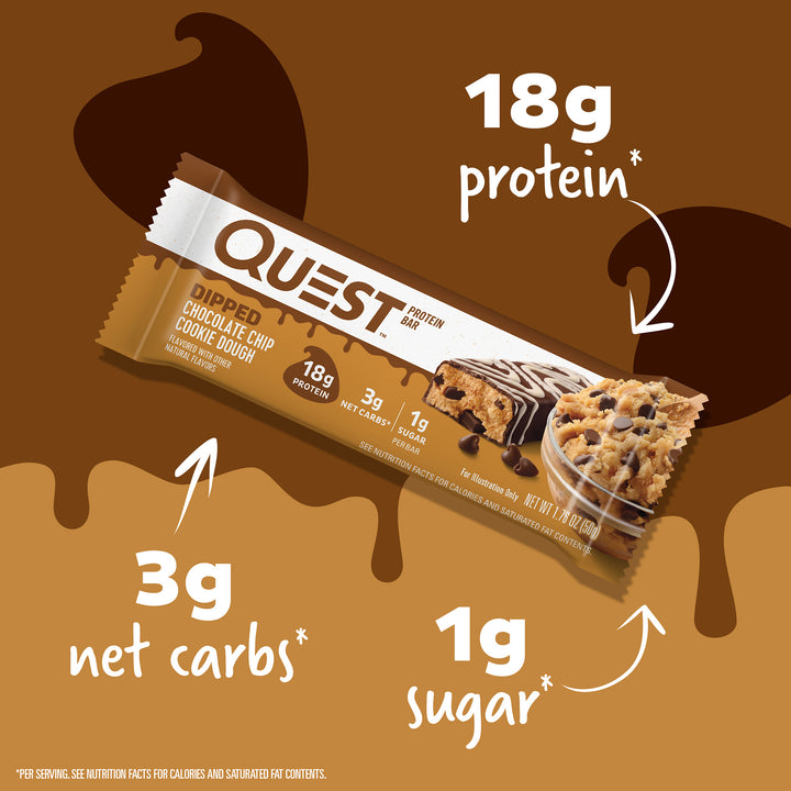 Dipped Chocolate Chip Cookie Dough Protein Bar; 18g protein*, 3g net carbs*, 1g sugar*