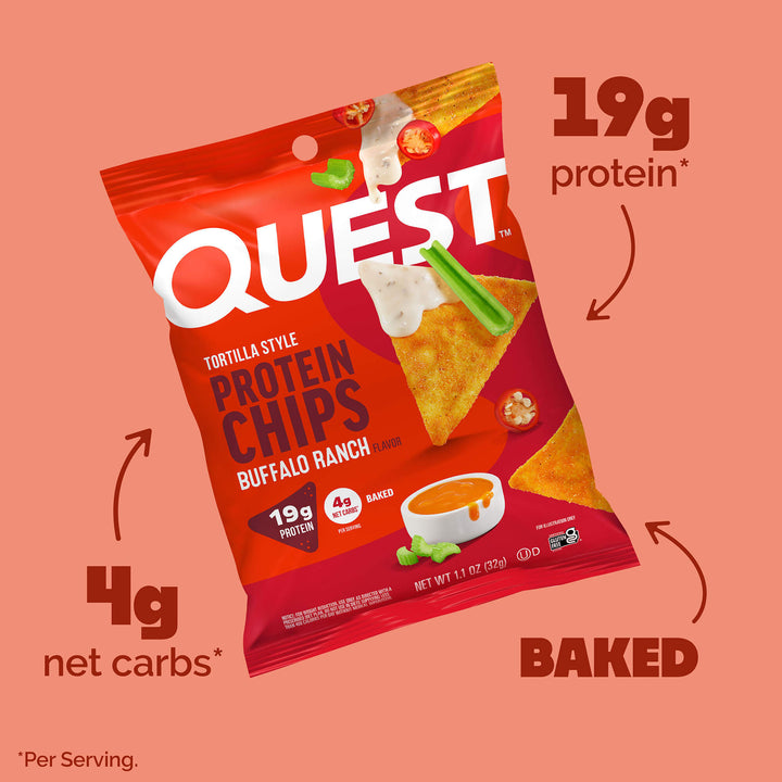 Quest protein chips packaging with nutritional information on a pink background