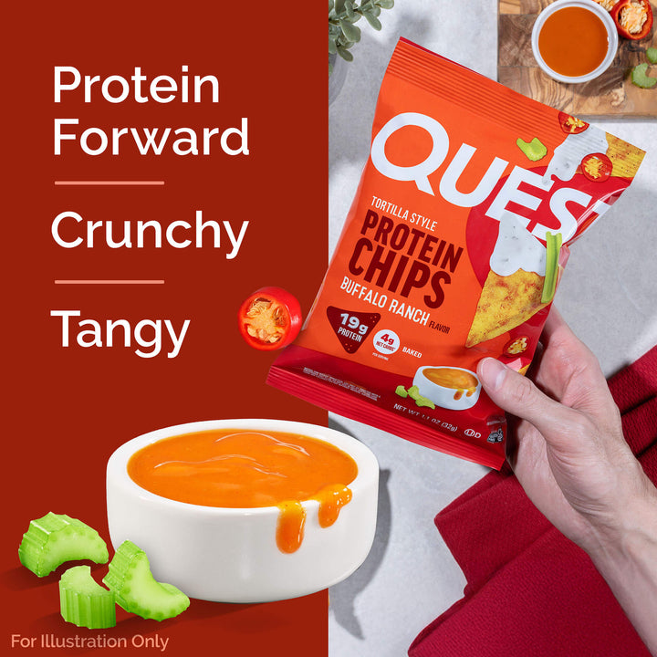 Protein chips packaging with text 'Protein Forward, Crunchy, Tangy' and a bowl of sauce.