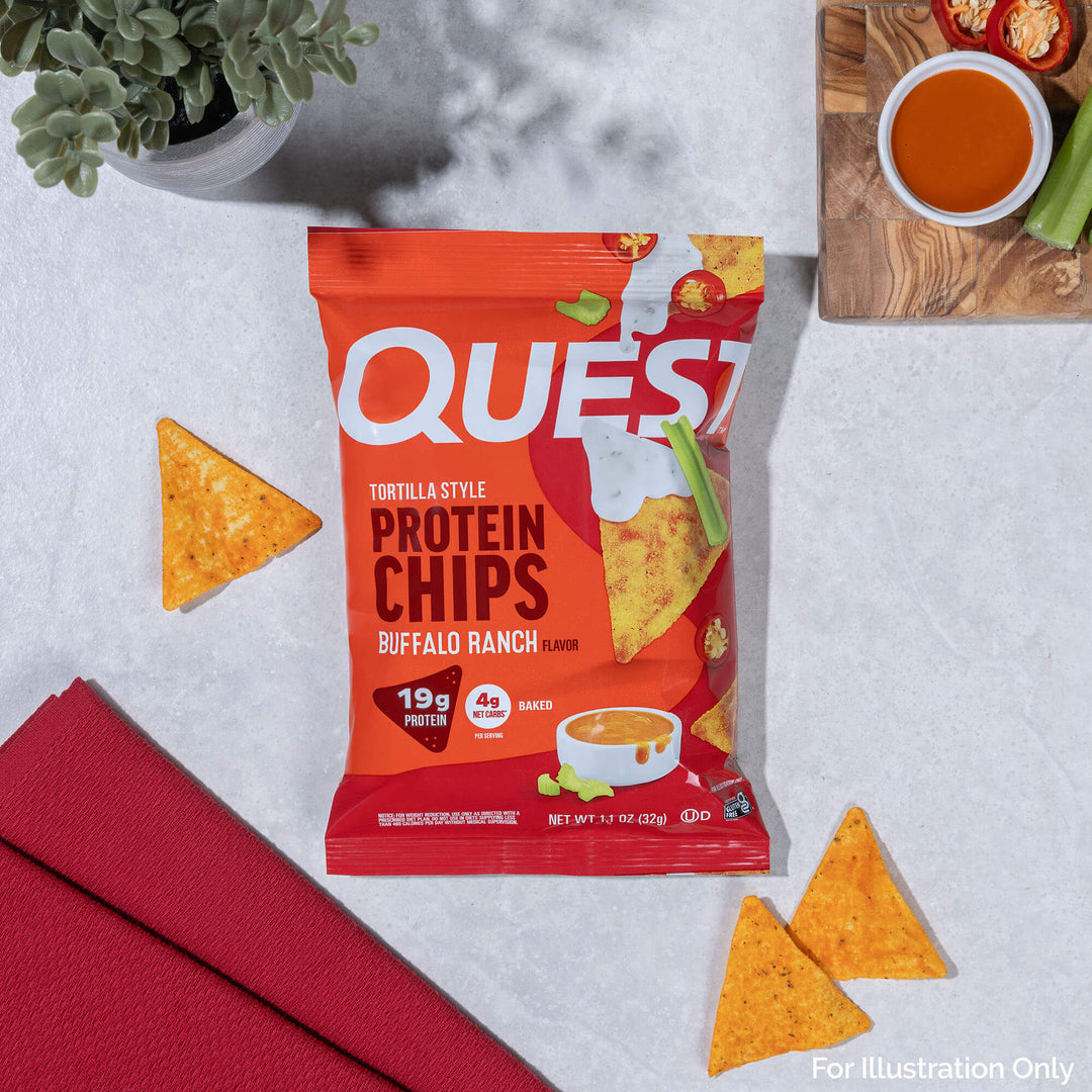 Quest Protein Chips package with tortilla chips on a light gray surface