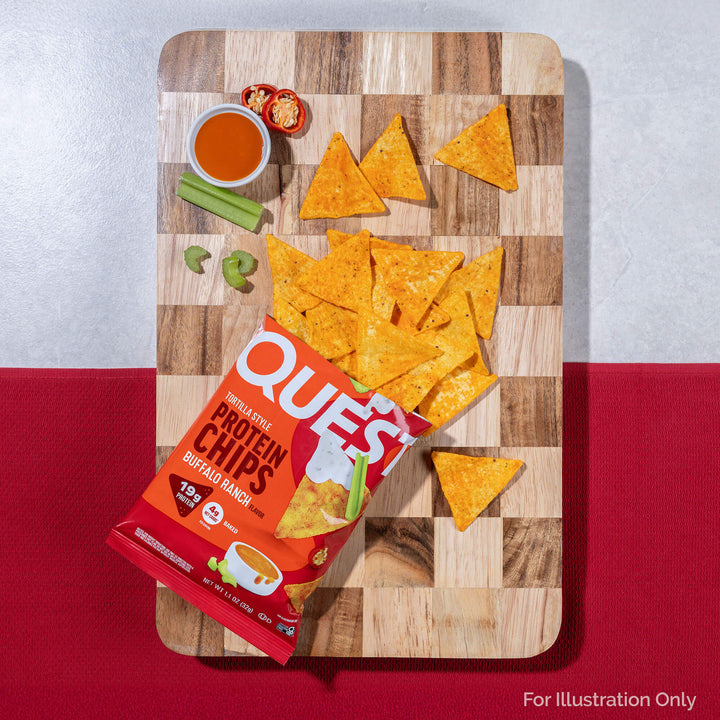 Protein chips on a wooden cutting board with a red and grey background
