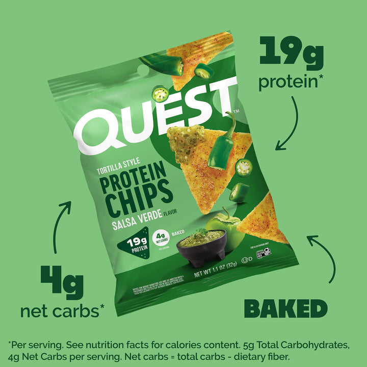 Salsa Verde Tortilla Style Protein Chips; 19g protein*; 4g net carbs*; Baked; *Per serving. See Nutrition Facts for calories content. 5g Total carbohydrates, 4g Net carbs per serving. Net carbs + total carbs - dietary fiber.