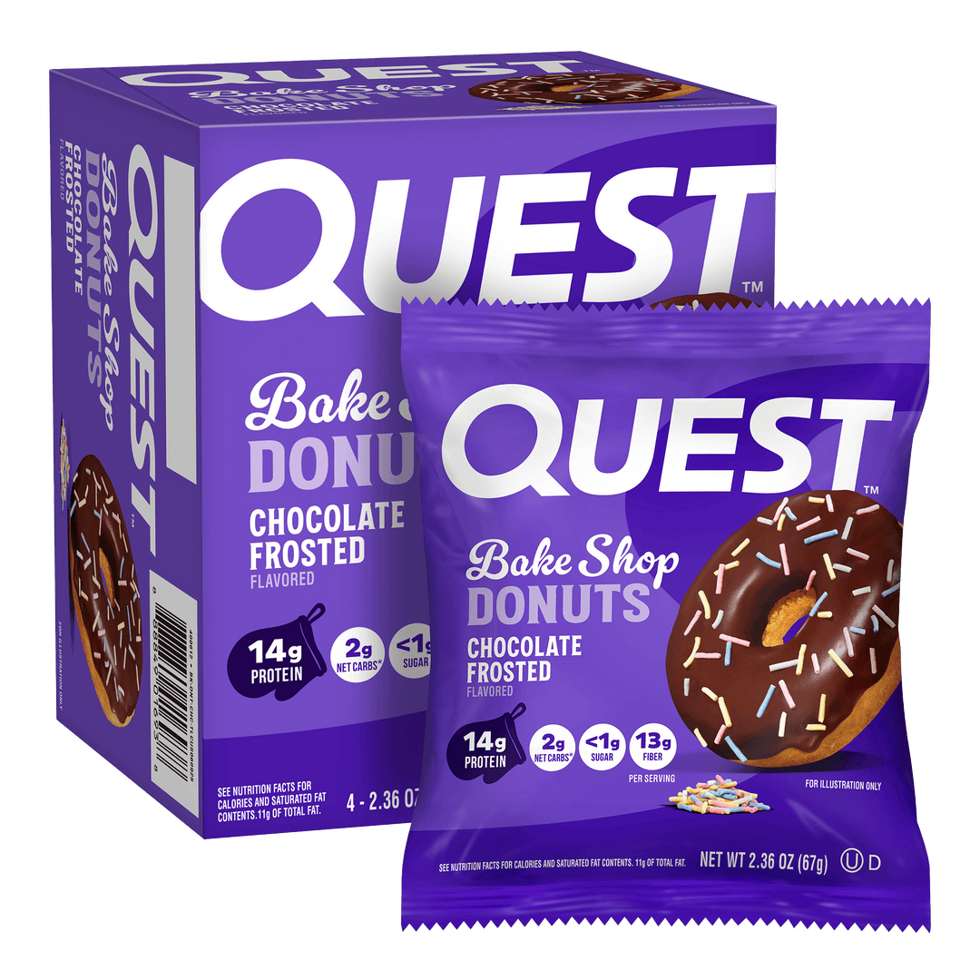 Quest Bake Shop Donuts packaging with a purple and white design.