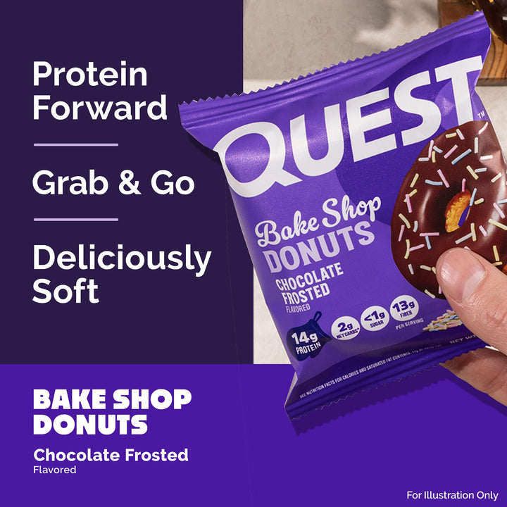 Quest Bake Shop Donuts chocolate frosted flavor packaging held by a hand on a purple background