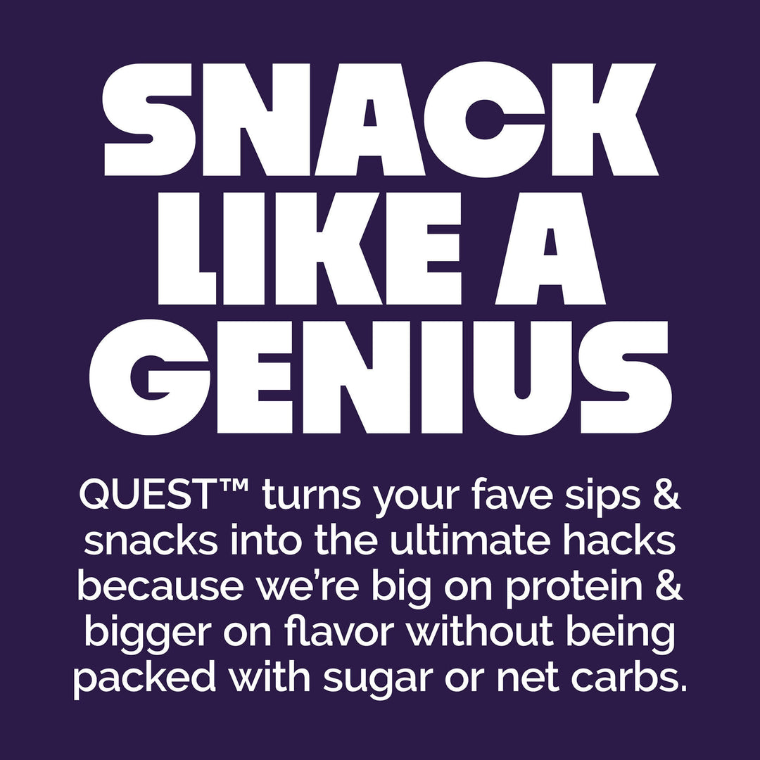 Promotional text for Quest snacks on a purple background