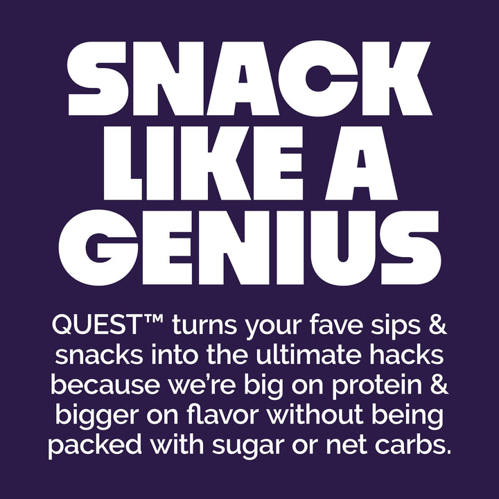 Promotional text for Quest snacks on a purple background