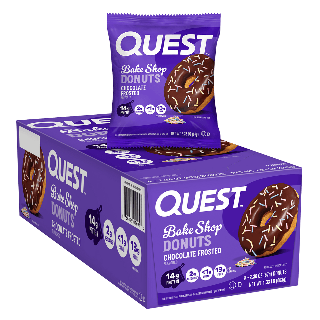 Quest Bake Shop Donuts packaging with a purple box and donut