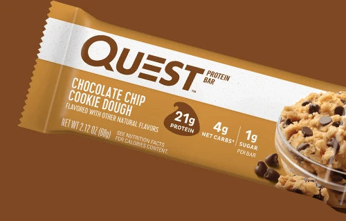 Quest Chocolate Chip Cookie Dough on a brown background