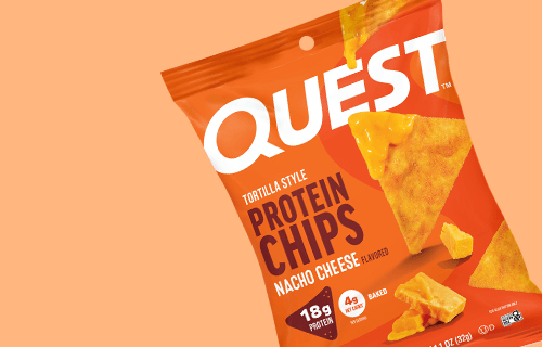 Quest Tortilla Style Protein Chips in Nacho Cheese flavor featuring 18g protein and 4g net carbs with a crunchy tortilla-style texture.