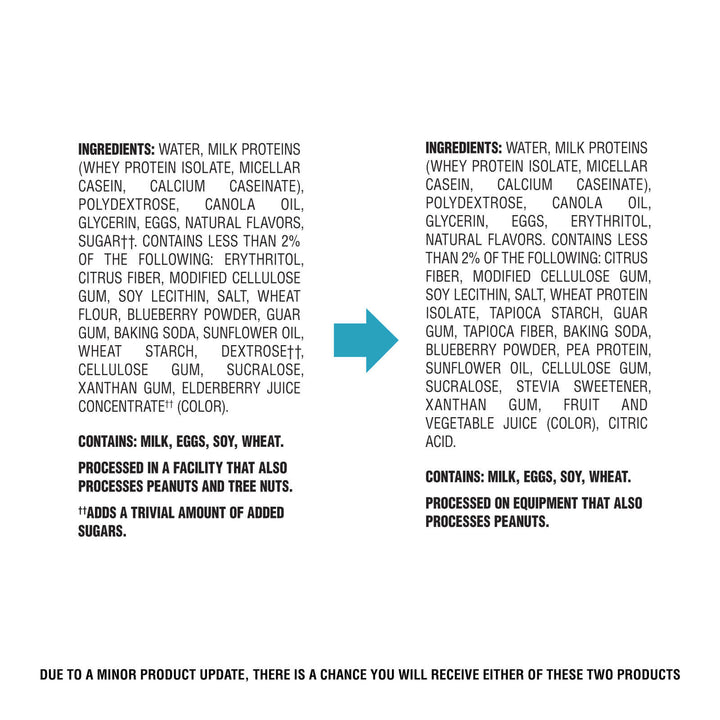 A text-based informational graphic on a white background showing ingredient lists and a blue arrow pointing to shared ingredients, with allergen notes at the bottom.