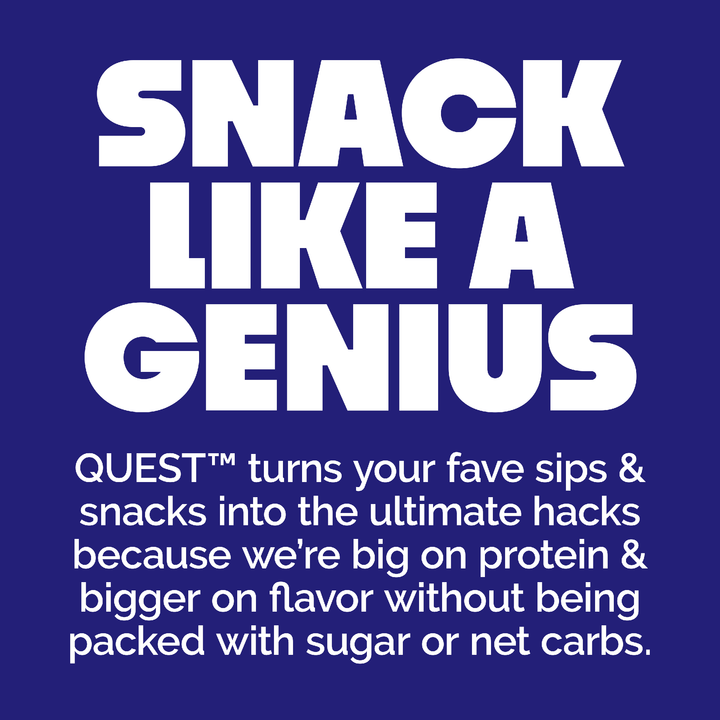 A promotional graphic with a dark burgundy background and large white text reading 'SNACK LIKE A GENIUS,QUEST™ turns your fave sips & snacks into the ultimate hacks because we're big on protein & bigger on flavor without being packed with sugar or net carbs.' 