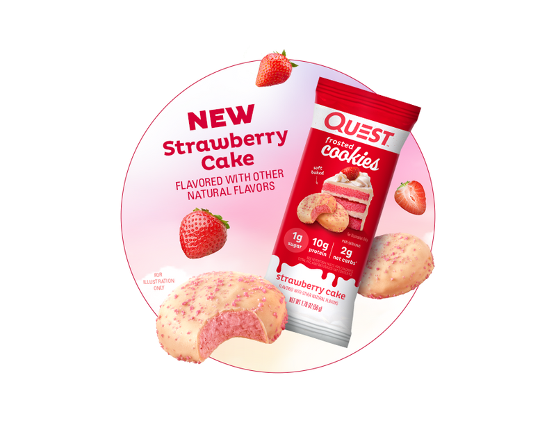 Enjoy the berry yummy flavor of the new Strawberry Cake Frosted Cookie with 1g of sugar, 10g of protein, and 2g of net carbs per serving!* Sound too good to be true? Taste them for yourself. *See Nutrition Facts for Calories, Total Fat, and Sat Fat Contents.