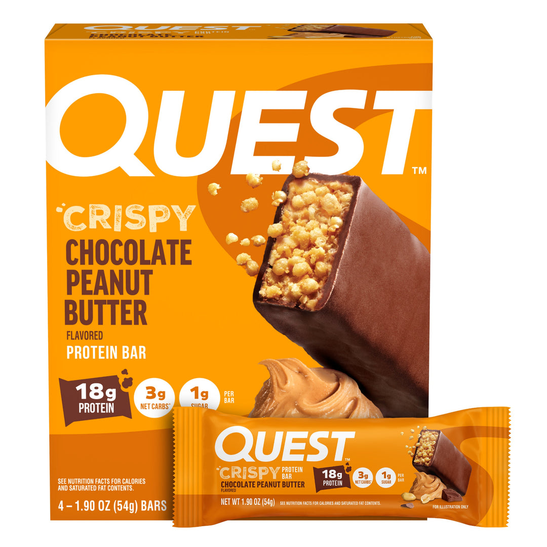 Quest Crispy Chocolate Peanut Butter protein bar 4ct packaging on a white background