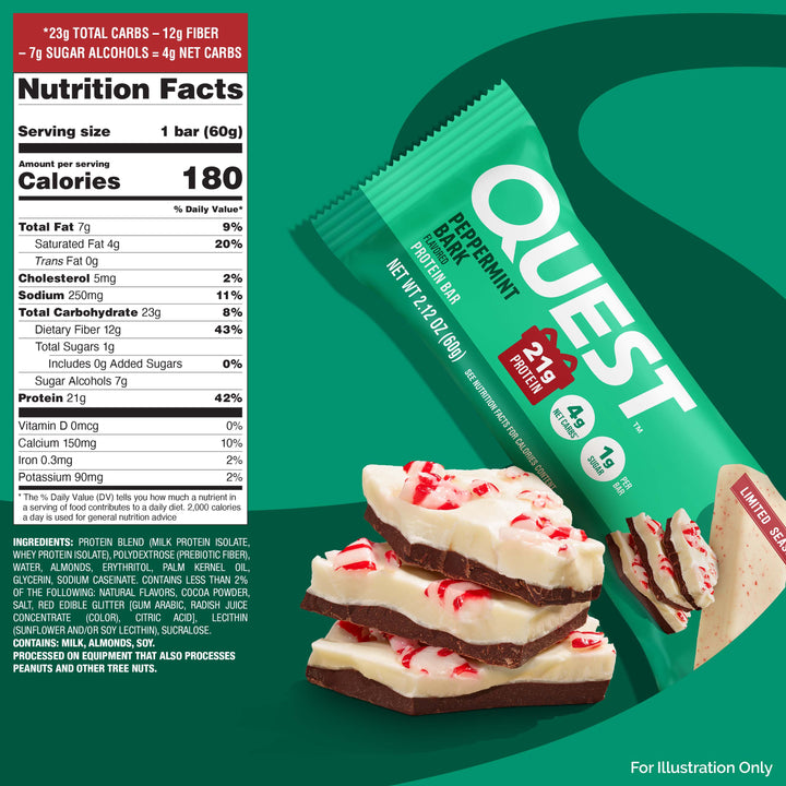 Quest protein bar packaging with nutritional information on a green background