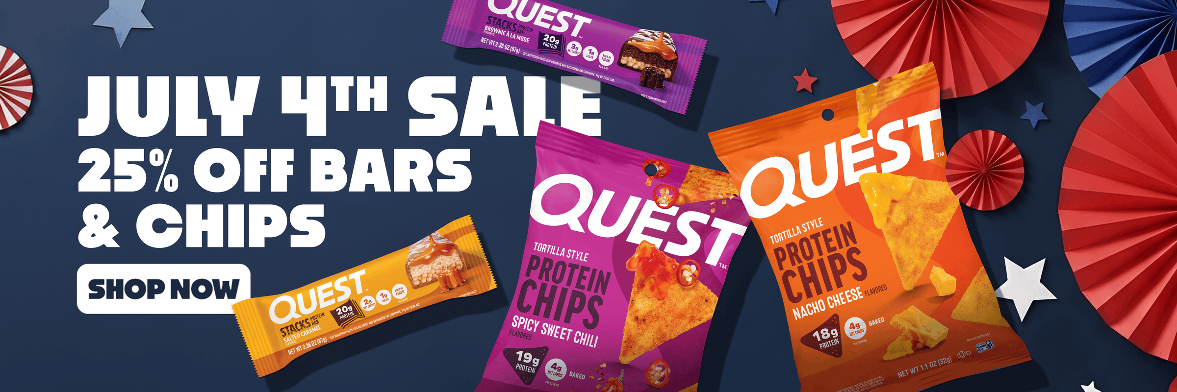 July 4th sale banner with red, white, and blue decorations. Quest bars and chips are displayed, advertising 25% off. Text reads "Shop Now."