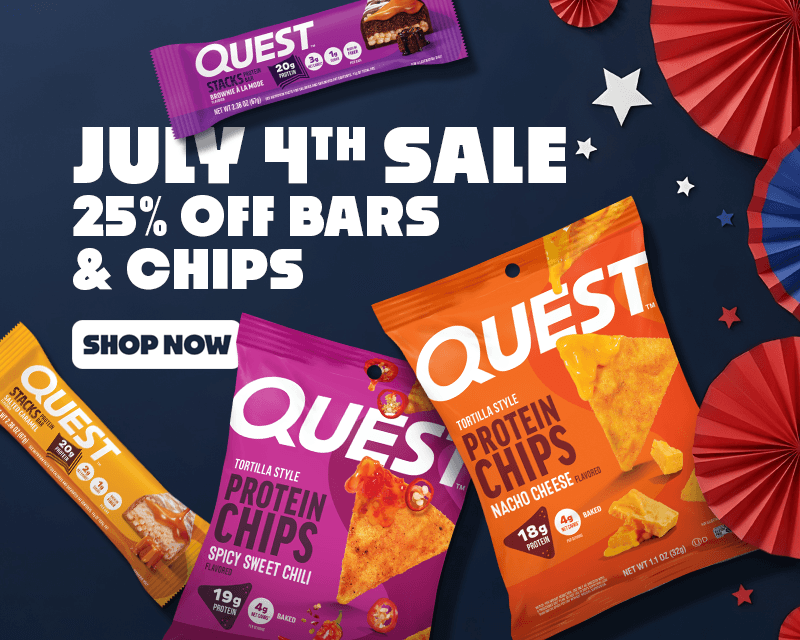 July 4th sale banner with red, white, and blue decorations. Quest bars and chips are displayed, advertising 25% off. Text reads "Shop Now."