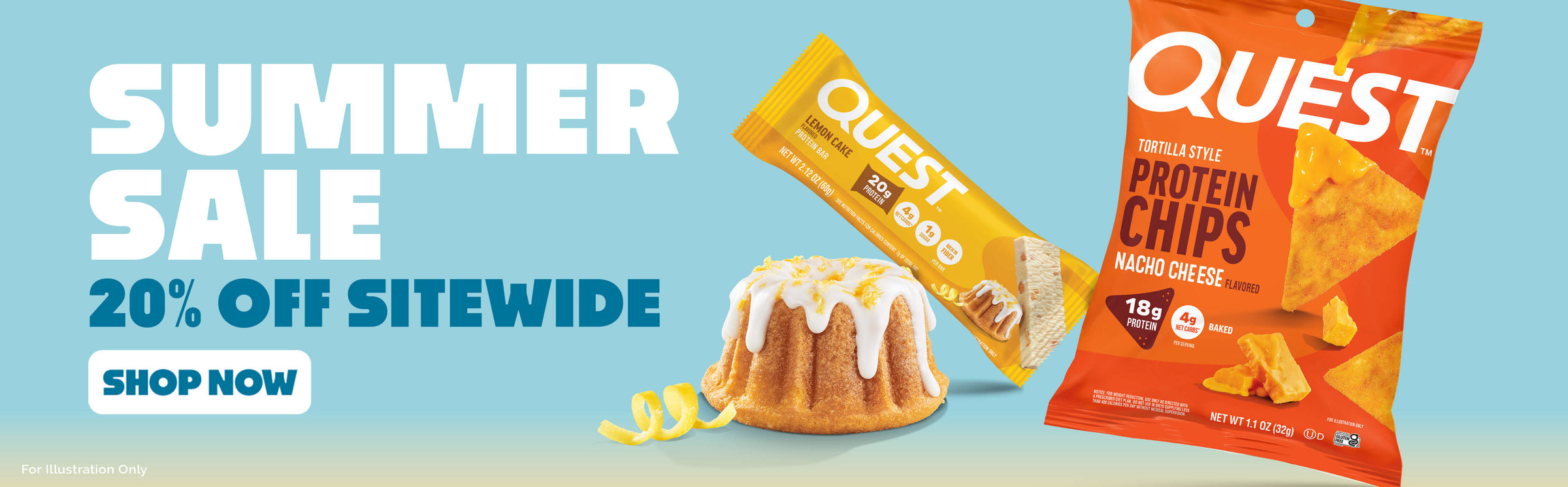 Quest Summer Sale banner promoting 20% off sitewide featuring Quest Nacho Cheese Protein Chips and Lemon Cake Protein Bar with lemon cake imagery.