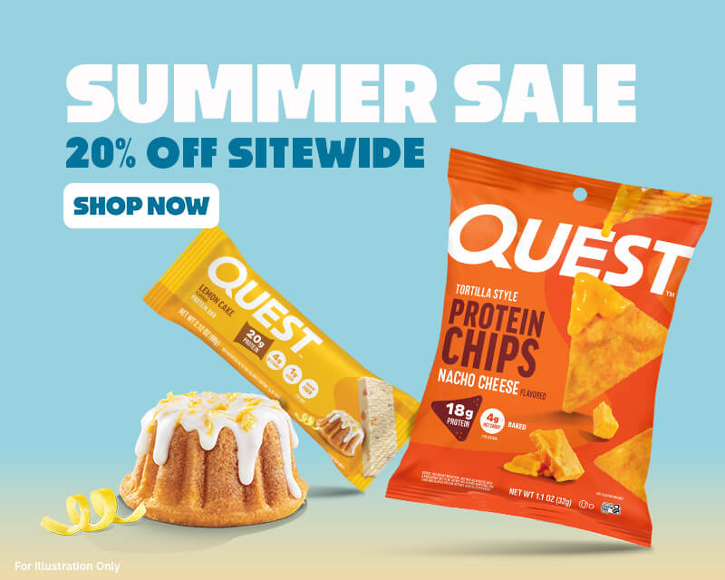 Quest Summer Sale banner promoting 20% off sitewide featuring Quest Nacho Cheese Protein Chips and Lemon Cake Protein Bar with lemon cake imagery.