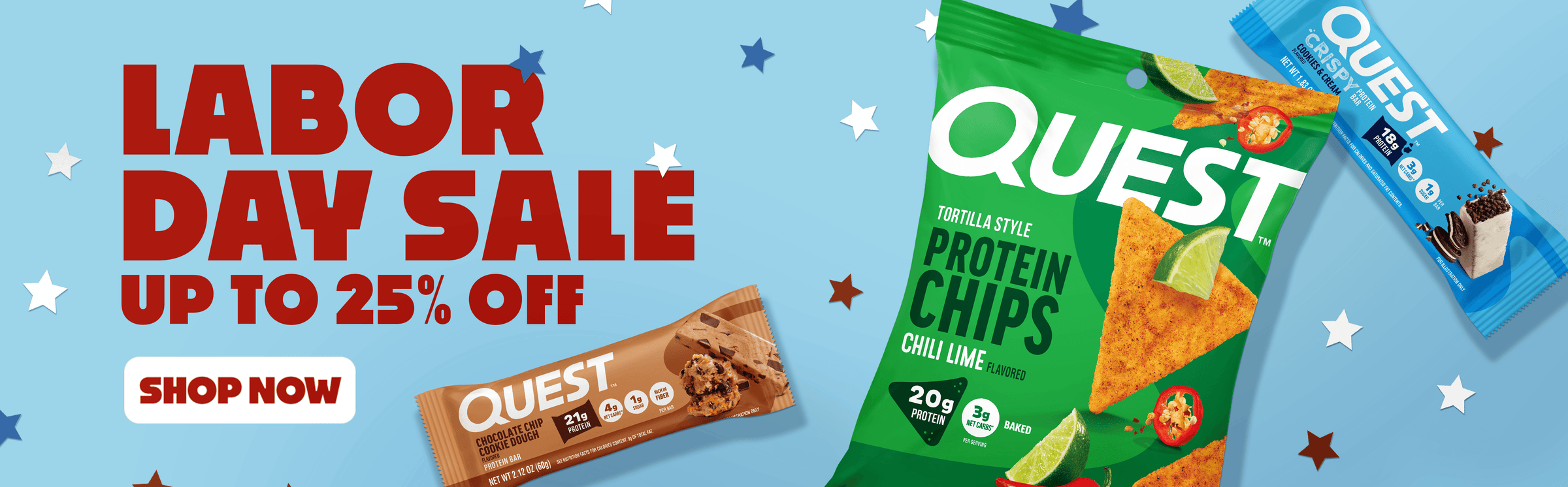 Labor Day sale banner offering up to 25% off Quest Nutrition products, featuring assorted protein snacks and supplements.