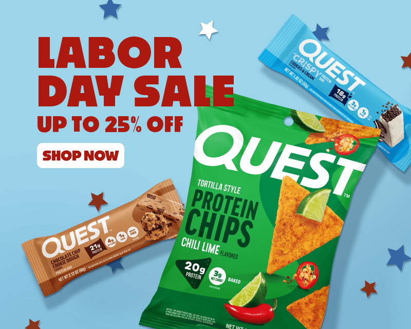 Labor Day sale banner offering up to 25% off Quest Nutrition products, featuring assorted protein snacks and supplements.