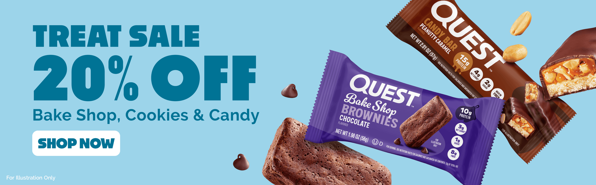 Quest Treat Sale banner featuring 20% off Bake Shop, Cookies & Candy with Quest Chocolate Brownie and Peanutty Caramel Candy Bar products.