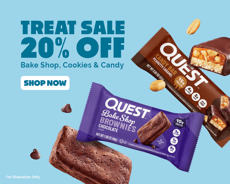 Quest Treat Sale banner featuring 20% off Bake Shop, Cookies & Candy with Quest Chocolate Brownie and Peanutty Caramel Candy Bar products.