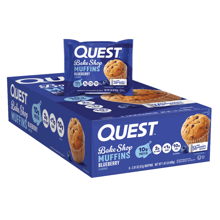 A box of Quest Bake Shop Muffins Blueberry with a single muffin packet displayed on top