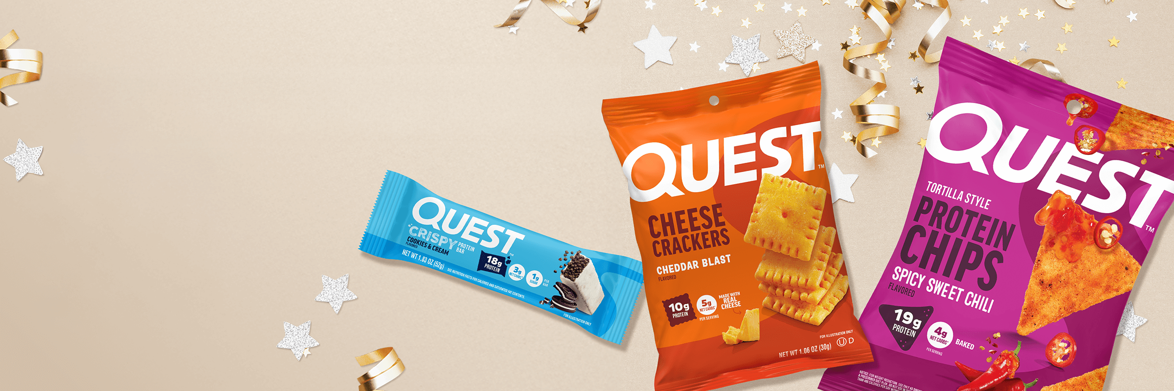 Image of three Quest snack packages on a festive background with stars and ribbons. Includes a blue protein bar, orange cheese crackers, and purple chips.