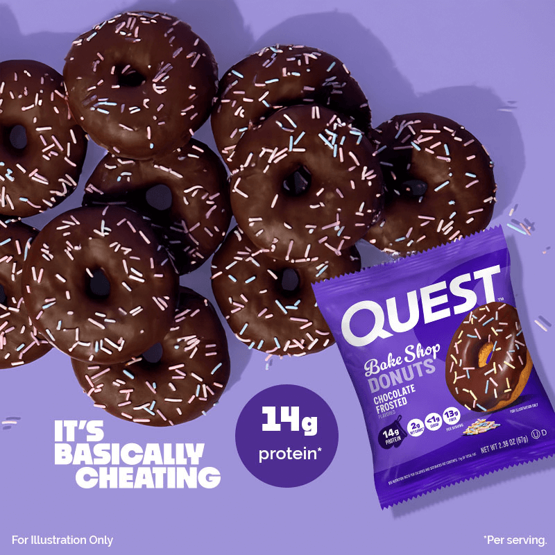 A pack of Quest chocolate frosted donuts with sprinkles is displayed on a purple background. Several donuts are scattered around, highlighting the 14g protein content text. The tone is indulgent yet health-conscious, emphasized by the tagline 'It's basically cheating.