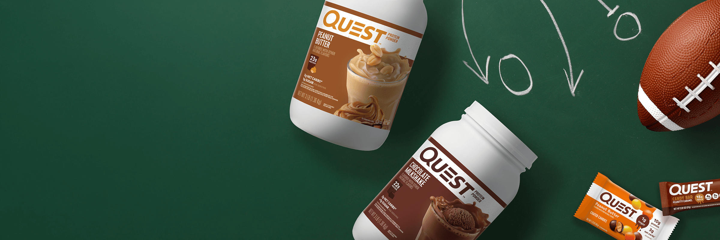 Two Quest protein powder containers and a protein bar are on a green background with football play diagrams. A football is partially visible on the right.