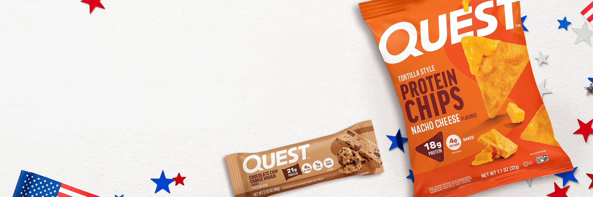 Alt text: "Quest protein chips and a chocolate chip protein bar on a white background with scattered red, white, and blue stars. Patriotic theme."