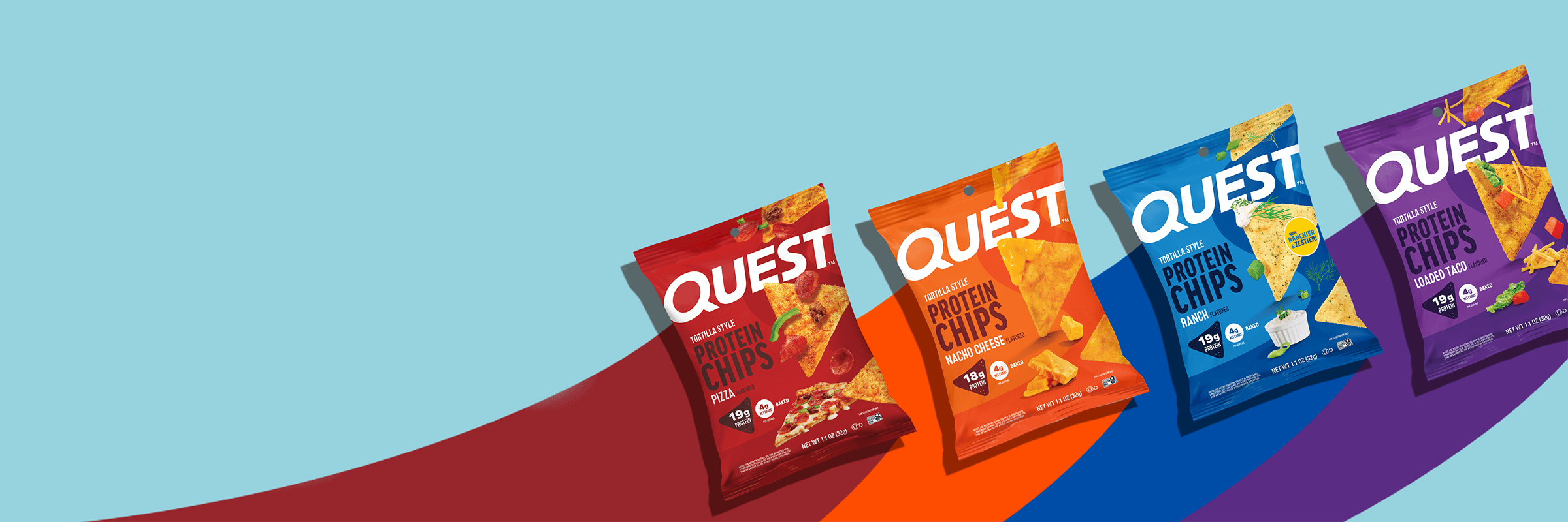 Four colorful bags of Quest protein chips, each on a multicolored wavy background. Flavors include spicy red, cheesy orange, tangy blue, and savory purple.