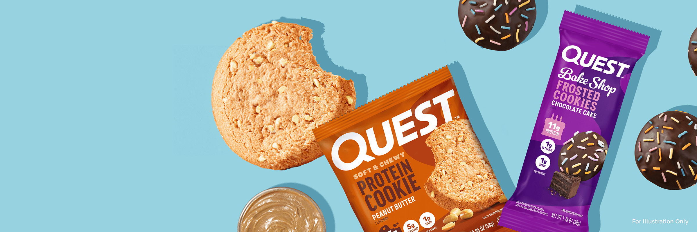 Image of Quest protein cookies and chocolate cake frosted cookies against a light blue background. Includes a peanut butter cookie with a bite taken out.