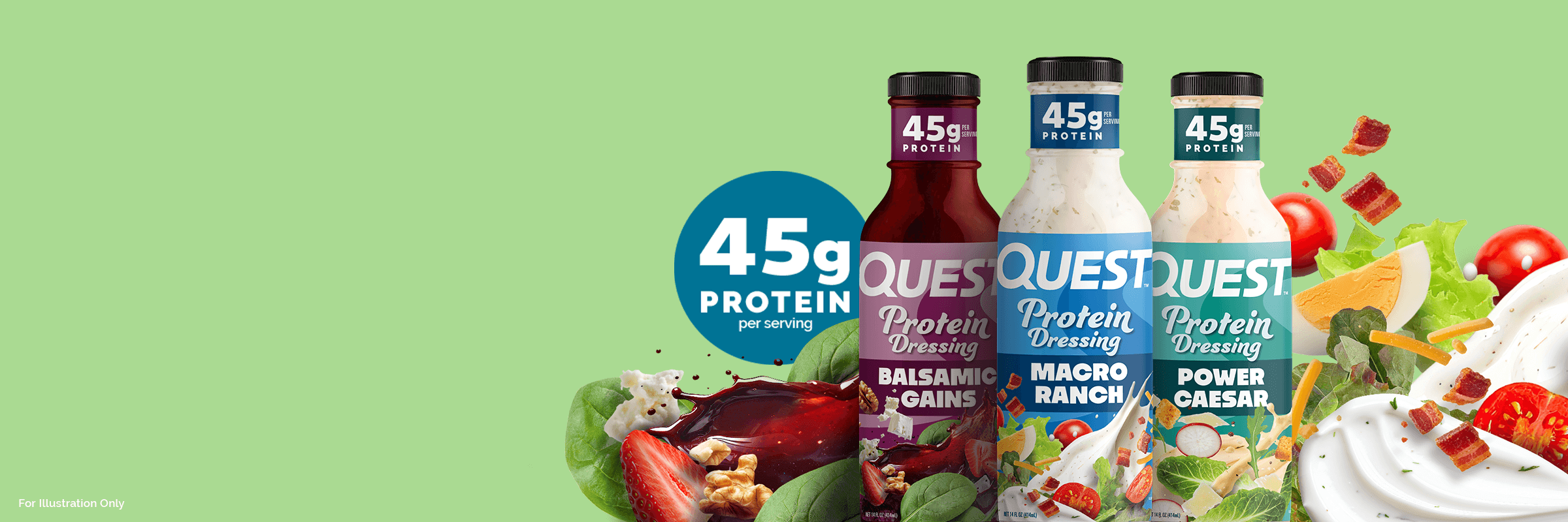 Three Quest protein dressing bottles (Balsamic Gains, Macro Ranch, Power Caesar) on a green background, featuring fresh salad ingredients and a "45g Protein" label.
