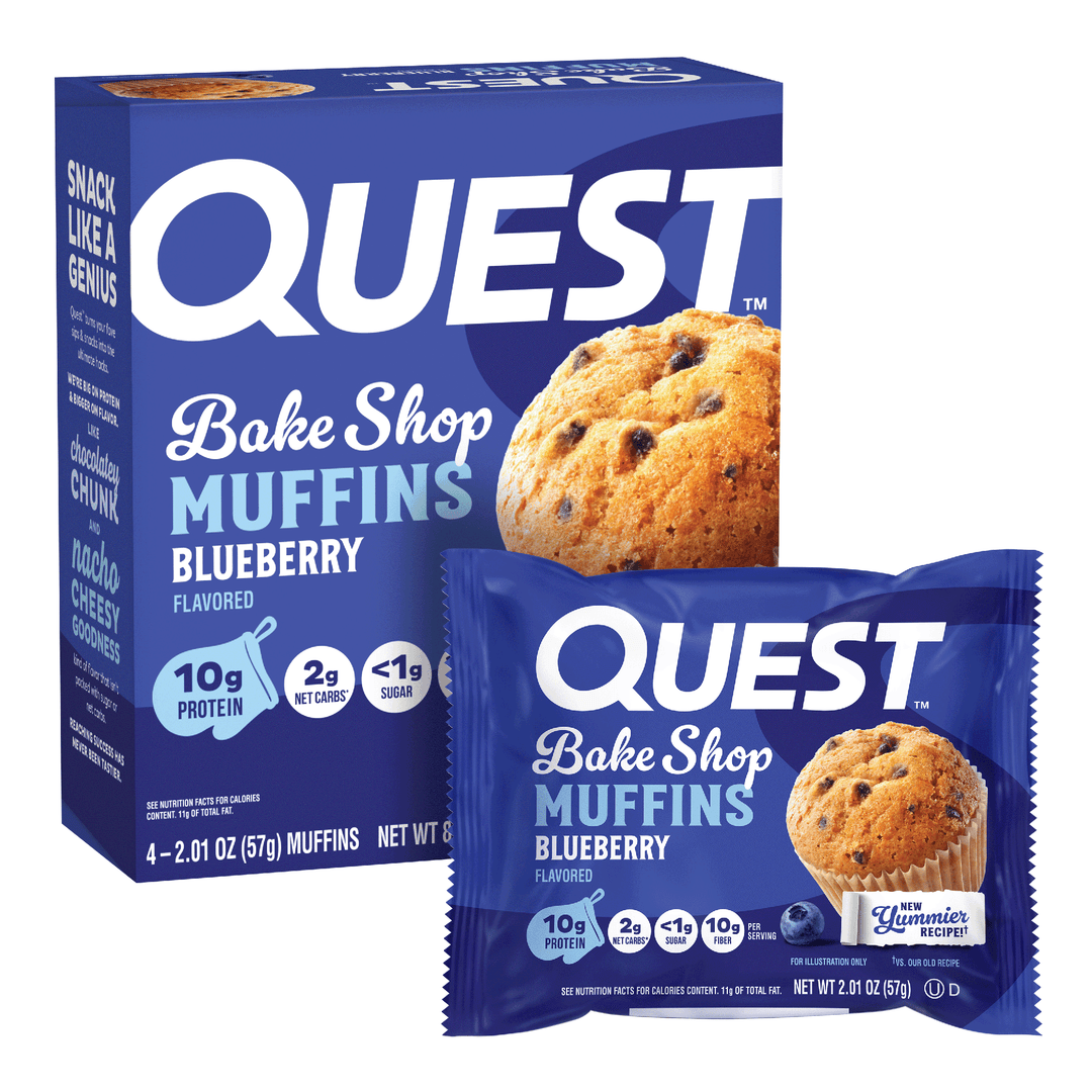 A box and individual packet of Quest Bake Shop Muffins Blueberry, showing the blue packaging with a photo of a blueberry muffin on the front, on a white background.