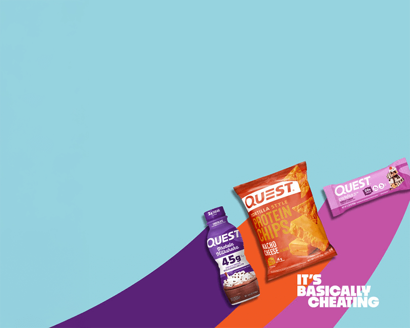 Assorted Quest products, including a protein shake, chips, and a bar, are arranged on a colorful backdrop with the text "It's Basically Cheating."